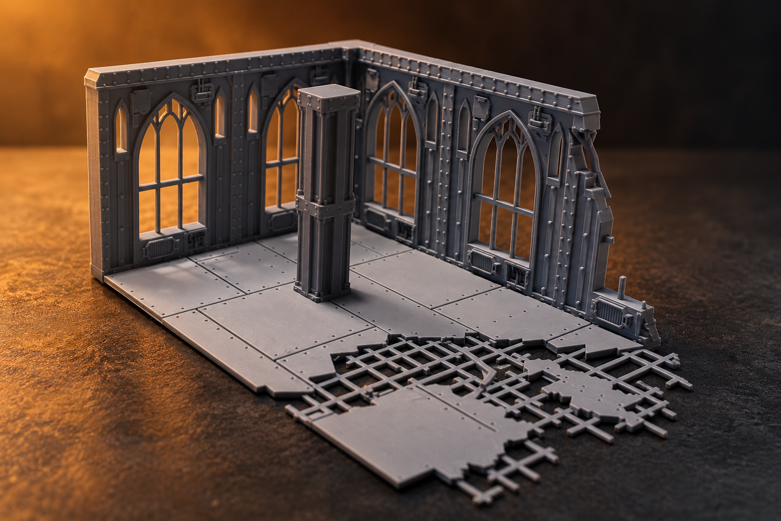 3D-gedrucktes Diorama mit gotischer Industriearchitektur